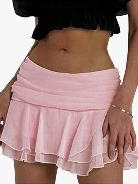 Pink Mini Skirt Tiered Layered Ruffle Sheer Flared Skirt - Pink - XS